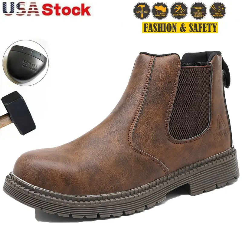 indestructible Work Boots for Men Steel Toe Slip On Waterproof Safety Boots Mens Slip Resistant Work Shoes Leather Safety Toe Shoes Mechanic Restaurant Garden steel toe shoes High Cut