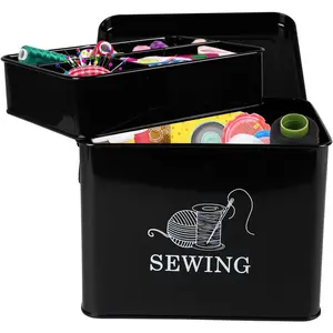 2-Tier Sewing Basket with Removable Tray - Organize Sewing Supplies, Scissors,, Pins & Clips in Style (Black)