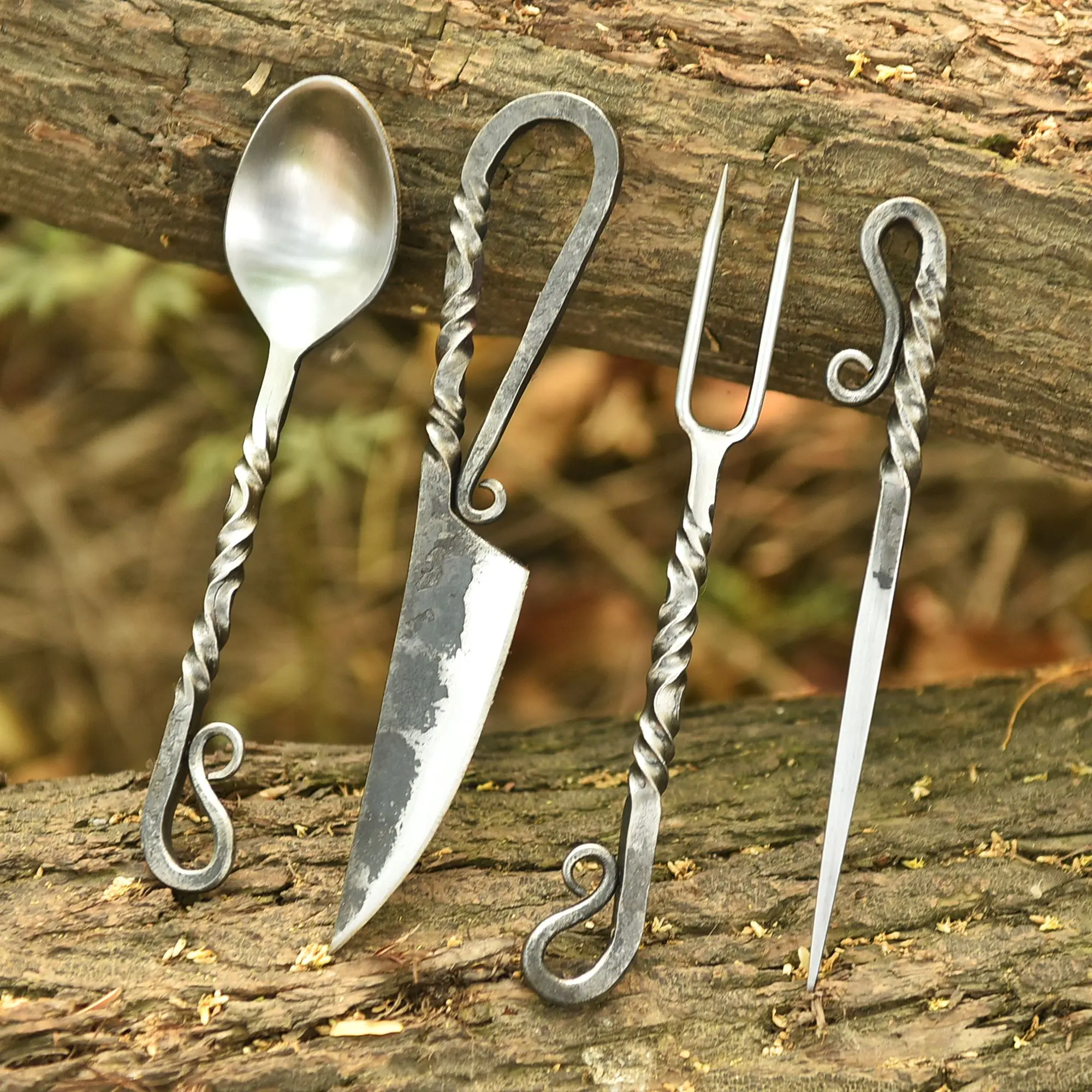 4 Pieces Vintage Hand Forged Camp Cooking Tool Set Chef Steak Knife Spoon Fork BBQ Skewer Movie Props