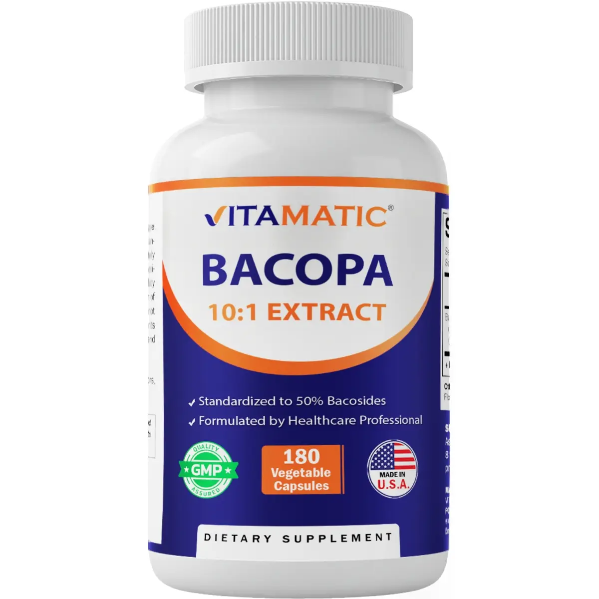 Vitamatic Bacopa Monnieri 10:1 Extract Nootropic Vegetarian Capsules - 250mg Per Serving, Gluten Free, Non-GMO, GMP Certified, Sugar Free, Natural Magnesium-Infused Herbal Energy Supplement for Self Care Products, Natural Supplement, 180Ct