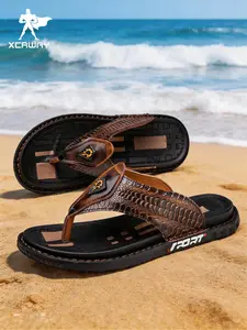 Men's Summer Beach Sandals, Crocodile Pattern PU Leather, Logo, Stitching, Breathable PVC Sole, Casual Style Footwear