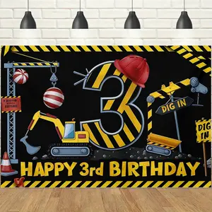 1pc2D Construction Vehicle Themed 3rd Happy Birthday Backdrop Banner, Excavator & Crane with Caution Stripes Elements, Mechanical & Energetic Style, Perfect for Vehicle Fan Birthday Party, 3rd Birthday Celebration, Boy Themed Event Decor, Photo Booth Prop