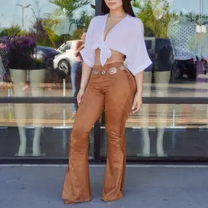 Women's Chic Suede Bottom Trousers - High-Waisted, Fringed, Flared, Comfortable Womenswear for Multi-Season Use