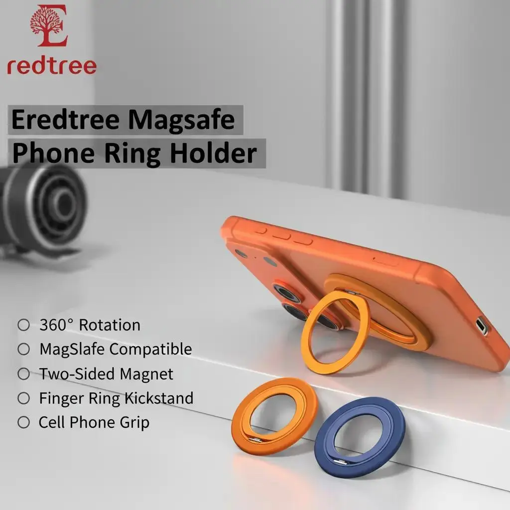Magnetic Phone Ring Holder for MagSafe, 360° Rotation Cell Phone Grip Stand Finger Ring Kickstand Magnet Compatible with iPhone 17 Pro Max 16 15 14 13 12 MagSafe Accessories Folding Metal Smartphone Cellphone Mount Orange Rotating Phone Holder