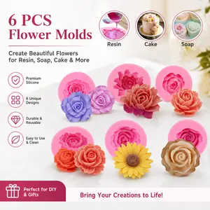 6 Piece Flower & Animal Molds Set – Includes Peony, Rose, Sunflower & Cute Animals – Silicone Resin Molds for Candle, Soap, Epoxy Casting – Reusable, Heat Resistant, Detailed Designs