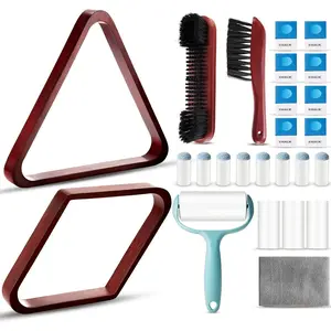 22 Pcs Pool Table Brush Set, Wooden Billiard Rack Triangle Diamond for 8/9 2-1/4" Pool Balls, Including Polish Cloth, Sticky Lint Roller, Cue Chalk Cube Billiard Accessories