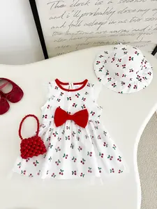 Baby Girls Fashion Dress Set, Toddler Outfit, Cherry Print Bow Lace Short Sleeve Summer, Party Birthday Daily Wear, Ages 6-7 Years, Fruit Print Dress