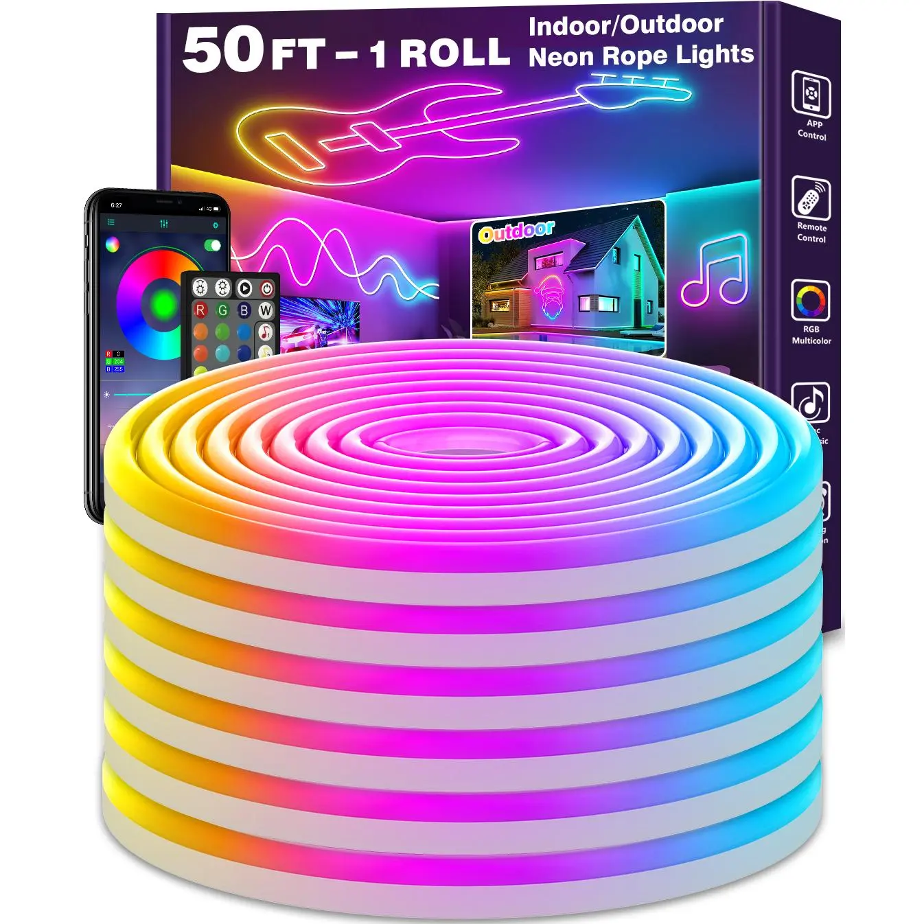 AHRLHR 50FT LED Neon Rope Light Control, with App/Remote Control, Flexible LED Rope Light, Multiple Modes, IP65 Outdoor RGB Light, Music Sync Game LED Neon Light, Suitable for Bedroom Decoration tiktokshopbacktoschool