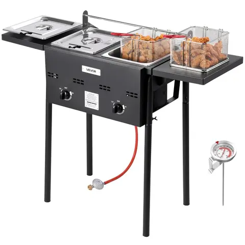【Fallpicks】VEVOR 16qt Adjustable Temperature Deep Fryer, Dual-Tank Stainless Steel Commercial Cooker with 2 Baskets for Simultaneous Use, Fold-Flat Tables, Hook, Floor Standing, CSA Certified Pressure Regulator, Home Use Fryer with Basket