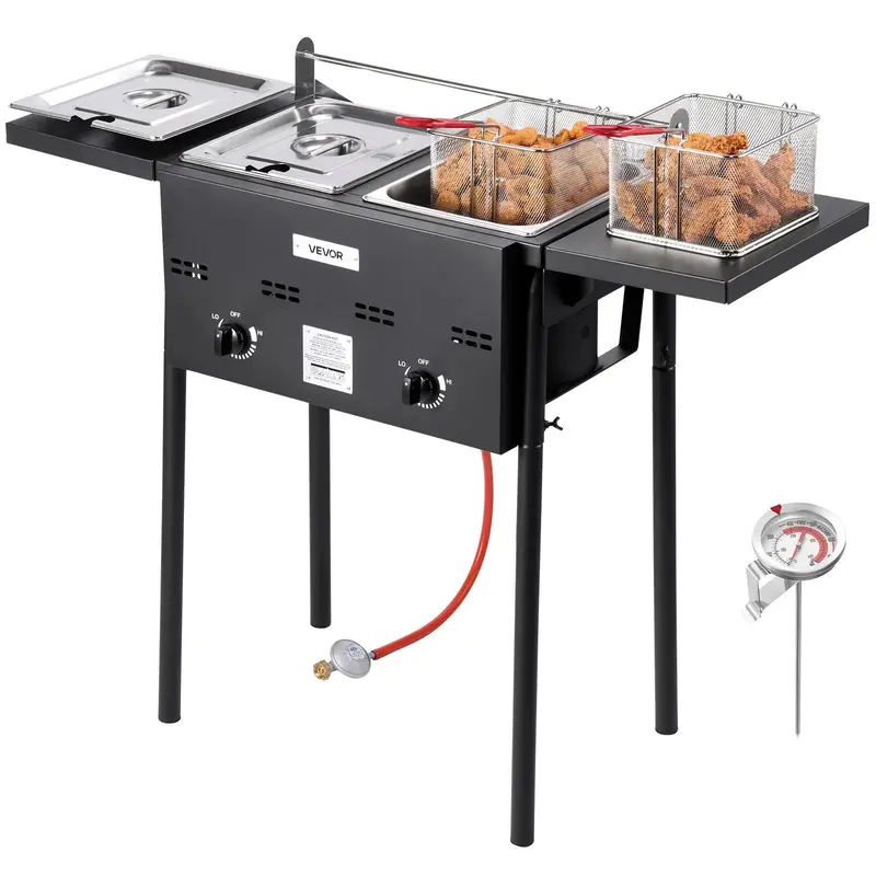 【Fallpicks】VEVOR 16qt Adjustable Temperature Deep Fryer, Dual-Tank Stainless Steel Commercial Cooker with 2 Baskets for Simultaneous Use, Fold-Flat Tables, Hook, Floor Standing, CSA Certified Pressure Regulator, Home Use Fryer with Basket