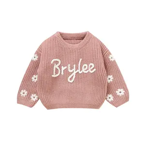 Mimixiong OEM/ODM Customize Name Handmade Flowers Pattern O-Neck Sweater Coat For Newborns Soft Acrylic Knitted Fabric Comfortable Fit Baby Sweater