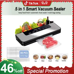 Yivy Vacuum Sealer Machine, Automatic Food Saver with Suction Power, 5 in 1 Food Vacuum Sealer with 30pcs Vacuum Sealer bags, Electric Durable Food Storage for Fresh Meals, Meat Vegetables Preserve, Good for Prep Meals Fresh Multifunction