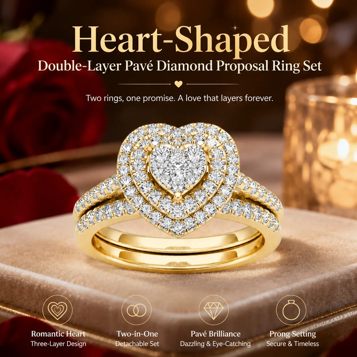 Double Halo Heart Bridal Ring Set for Women, Gold Tone CZ Stackable Engagement Band, Fashion Promise Ring Gift for Anniversary Birthday
