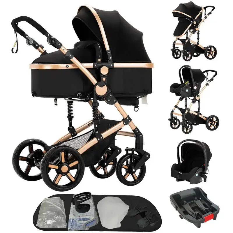 3-in-1 Baby Travel System Stroller, Newborn Pram with Infant Car Seat & Bassinet, Lightweight Foldable 4 Wheel Baby Stroller for 0-2 Years Old, Shock Absorption Luxury Gold Frame Baby Jogger Stroller with Storage Bag,Slammed Baby Stroller