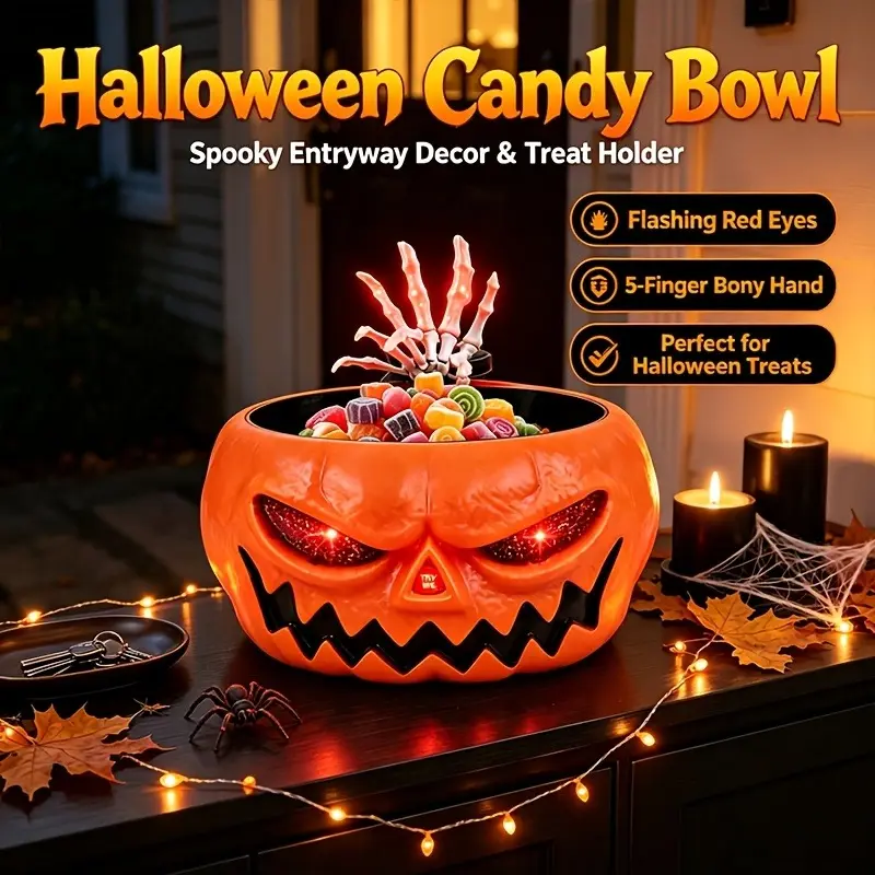 Micrency Horror Animated Mini Pumpkin Lamp Statue - ABS Plastic, Moving Skeleton Hands, Skull Bowl, Kitchen Trick-or-Treat Party Supplies, Decorative Home Holiday Decor