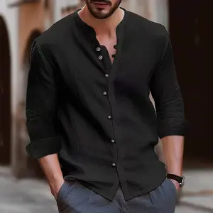 [Summer Vibes]Men’s linen shirt, casual button short sleeves, summer beach shirt, menswear, soft classic solid color top, elegant and fashionable Black