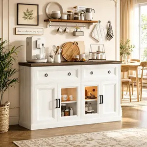 63" Sideboard Buffet Cabinet with Storage, Coffee Bar Cabinet with Power Outlets, LED Light, 2 Drawers, 4 Doors and Adjustable Shelves, Modern Farmhouse Credenza for Kitchen Dining Room Living Room, Antique White