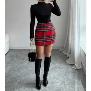 2-piece Set Casual Elegant Vintage Party Plaid T-shirt and Plaid Skirt Set for Women Christmas Edition
