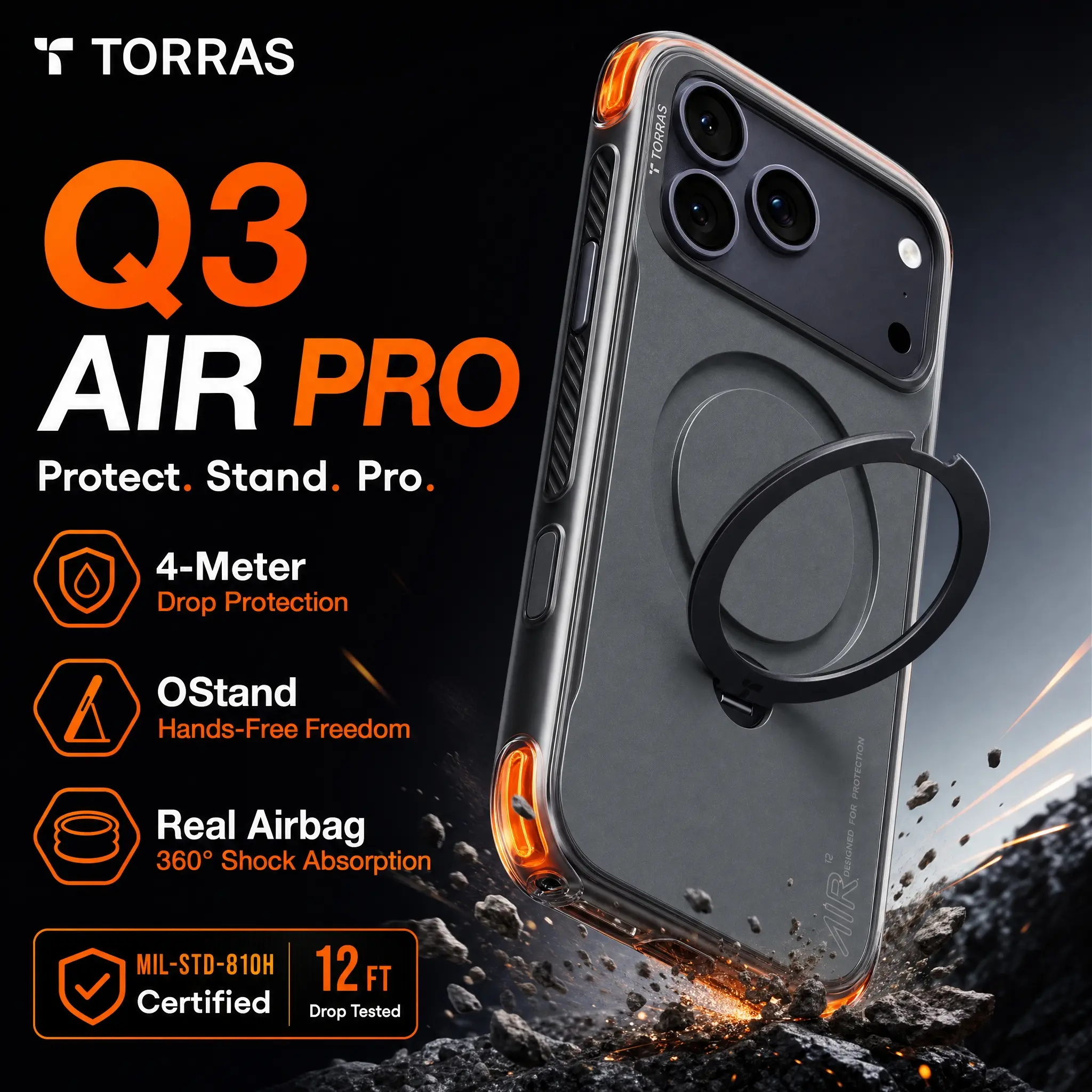 TORRAS Q3Air Pro for iPhone 17/16/15 Pro Max Case with 360° Ring Stand & Airbag Protection 4-Meter Anti-Fall Shockproof Cover