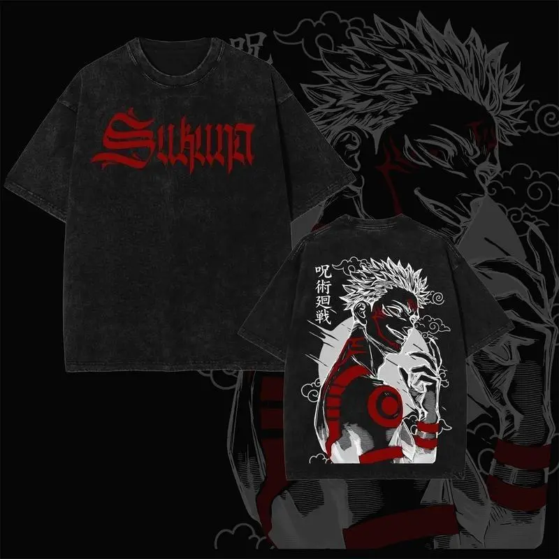 Men's Vintage Washed Distressed Oversize Tee - Jujutsu Kaisen Sukuna Anime Graphic, Heavy Cotton Crew Neck Streetwear Festive Tops, Short Sleeve Casual Menswear All Seasons