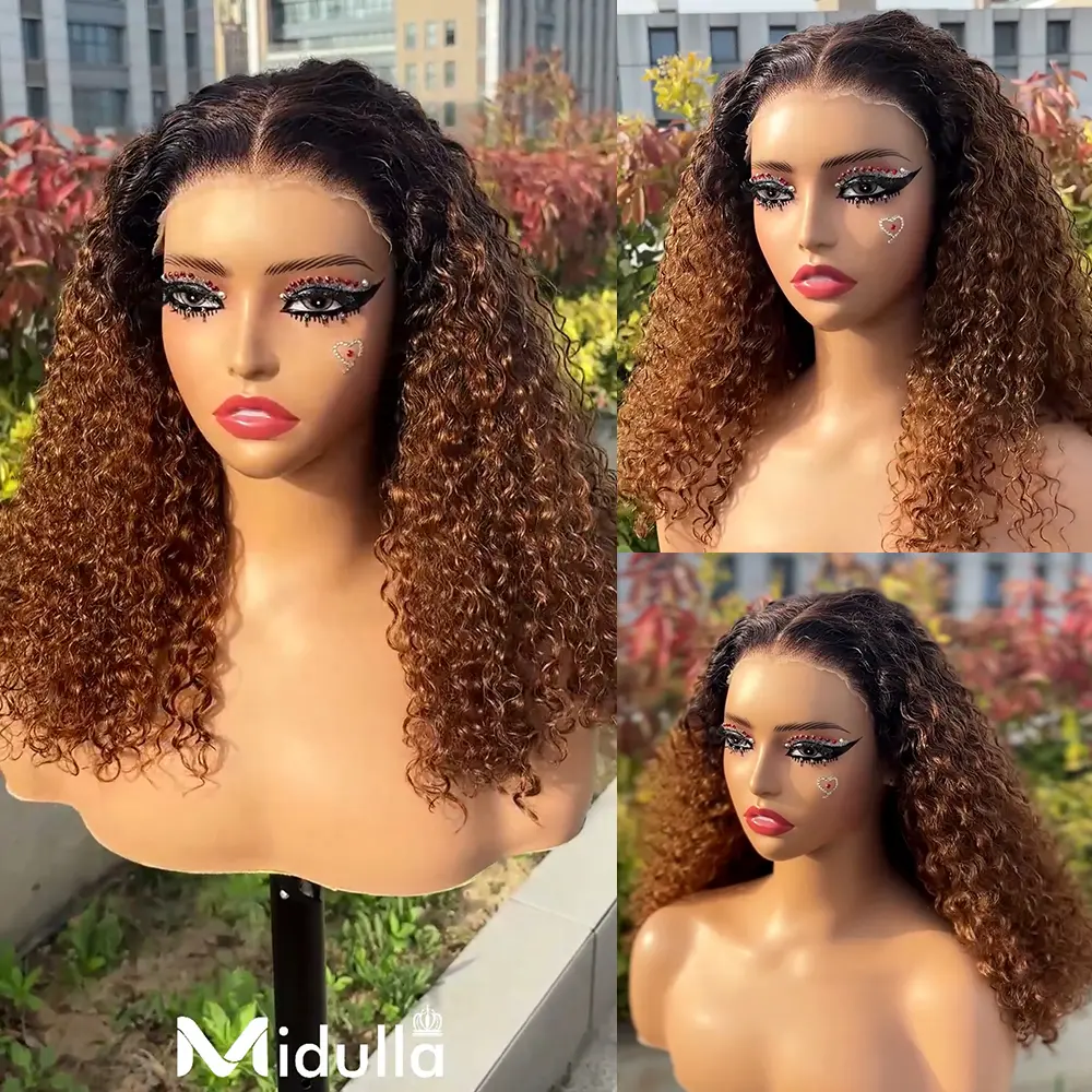 Midulla Ombre Brown Kinky Curly Glueless Wigs Human Hair Ready to Wear 7x5 Pre Cut Lace Closure Wigs Pre Plucked Short Curly Lace Front Wigs for Women #Summervibes