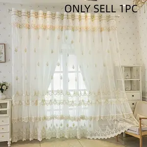 1pc Luxury Double Layer Sheer Home Decoration Curtain with Floral Embroidery, Lace Drapes for Living Room & Bedroom, Privacy Window Covering