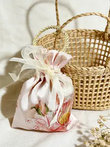 Peony Print Drawstring Handbag Gift Bag, Silk Satin Material, Reusable, Portable Handle Design, Ideal for Wedding Favors, Holiday Gifts