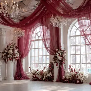 1Pc Wine Red Sheer Decor Mesh, Handmade Tulle for Gift Wrapping, Wedding Arch Backdrop, Party Decor for Valentine, Halloween, Christmas, Chair & Hanging Decoration