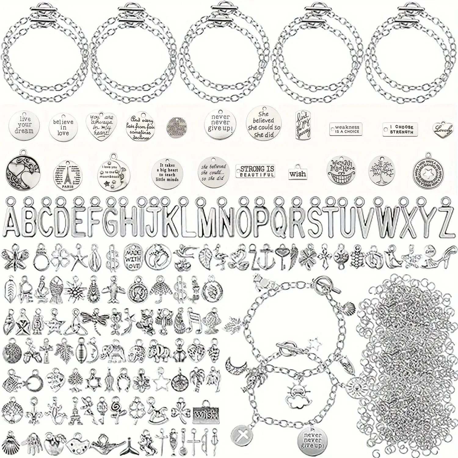 487-Piece DIY Jewelry Making Kit with Bangle Charms, 10 Round Chain Bracelets with OT Toggle Clasps, 30 Ear Hooks, 147 Charming Pendants, 300 Open Jump Rings, DIY Mix Beads, Interchangeable Beads