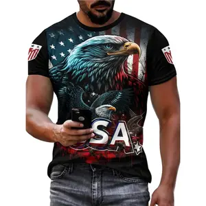 Patriotic Eagle 3D Printed T-Shirt – Casual, Breathable Polyester Blend, Short-Sleeved, Round Neck Top with USA Flag Design, Everyday Tshirt | Stylish Casualwear | Stretchy Fabric