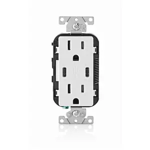 212 MAIN Leviton 3006768 Wall Mounted USB Charging Station - 15A 125V 5-15 R Duplex & Type C White Outlet, Universal Sockets, USB Multi Plug