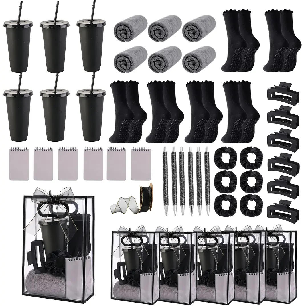 6-Pack Pilates Party Return Gift For Guest, Including Non-Slip Grip Socks, Claw Clip, Scrunchie, Tumblers With Straws, Pen, Notebooks, Microfiber Towels For Spa Party Sleepover Party Bridal Showers Party