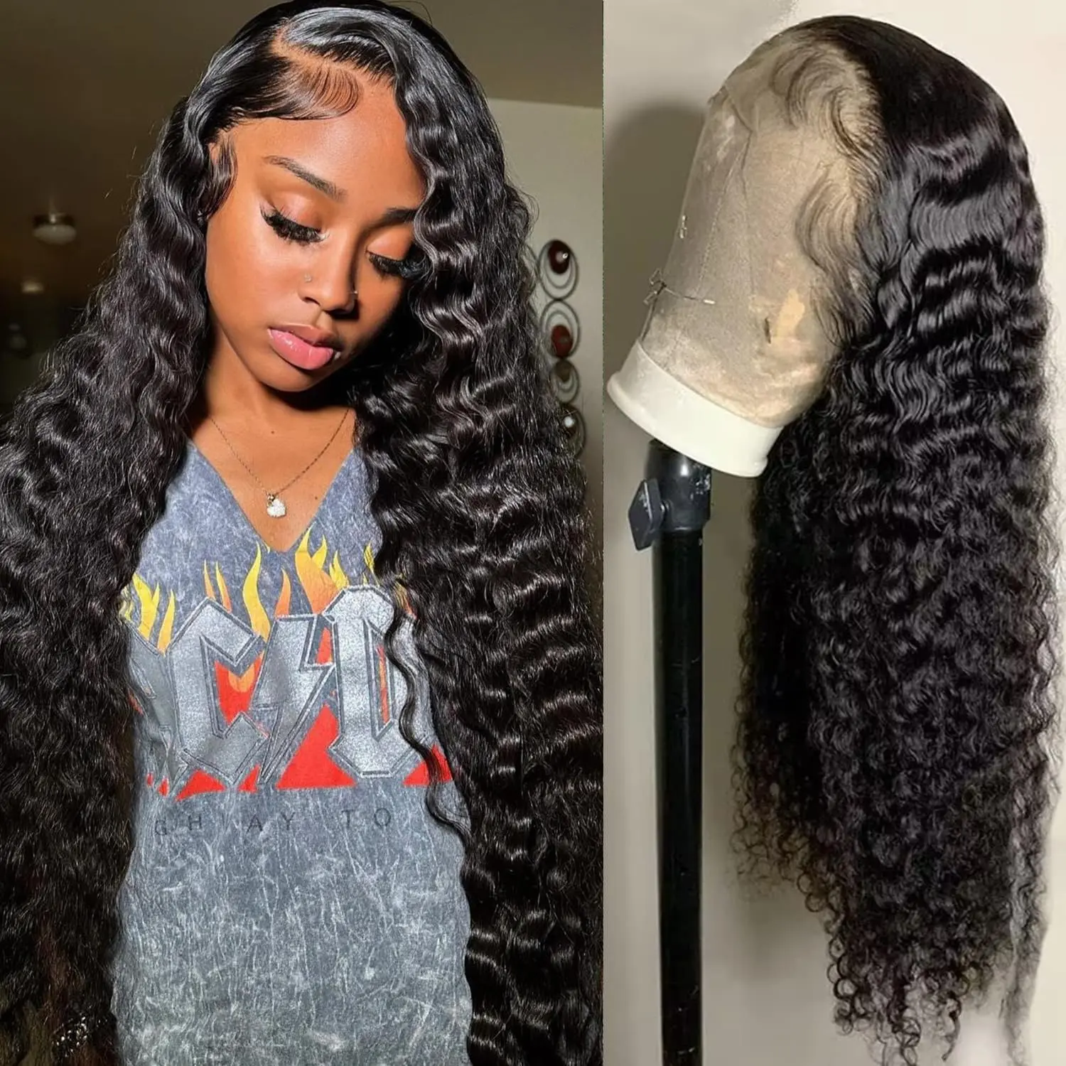 13x4 Deep Wave Frontal Wig Black Color Deep Wave Wig and Burgundy Color Deep Wave Wig for Women Human Hair Pre Plucked 180 Density Deep Wave Lace Front Wigs Human Hair