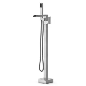 Freestanding Bathtub Faucet, Floor-Mount Tub Filler Brushed Nickel, Standing Tub Faucet,Single Handle Standing Brass Mixer Tap with Hand Held Shower and Swivel Waterfall Mixer Spout,cUPC Certified
