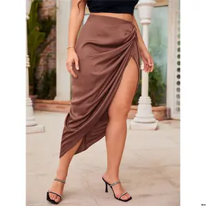 Skirt satin thigh slit pleated Plus BAE SHEIN