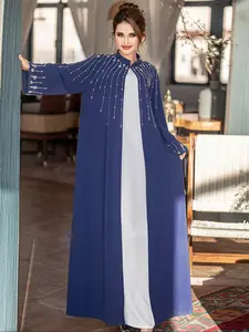 Deep Blue Beaded Abaya Robe, Embroidered Long Cardigan, Pearl and Sequins Decor, Perfect for Weddings and Ramadan, Abayas for Eid