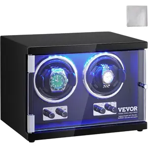 VEVOR Watch Winder, Watch Winder for 4 Men's and Women's Automatic Watches, with 4 Super Quiet Japanese Mabuchi Motors, Blue LED Light and Adapter, High-Density Board Shell and Black PUVEVOR Super Brand Day