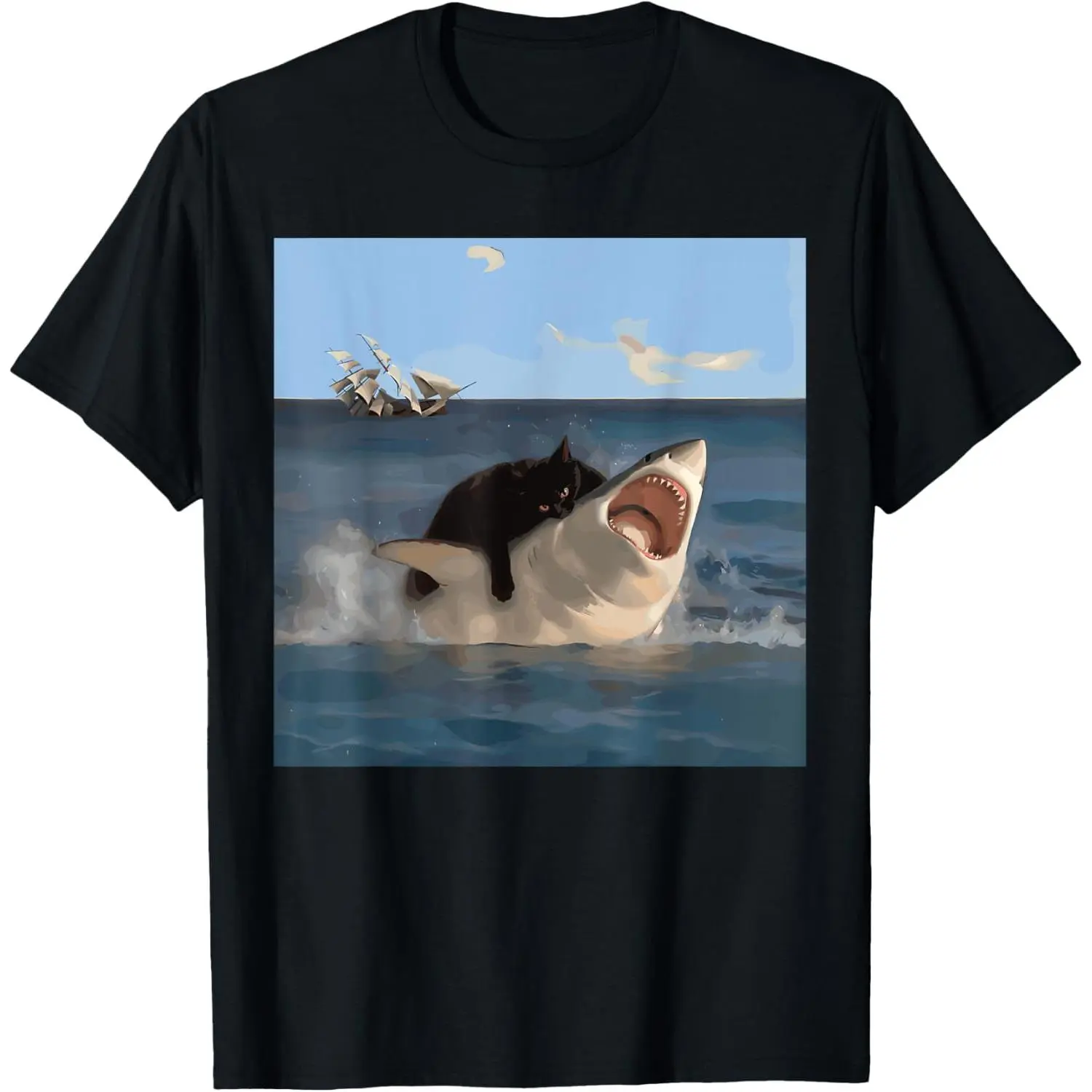 Cat Biting Shark Humorous Playful Funny Cat and Shark T-Shirt, Small, Black,dinosaur,bible