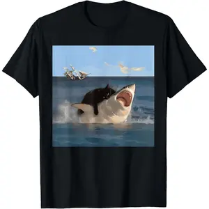 Cat Biting Shark Humorous Playful Funny Cat and Shark T-Shirt, Small, Black