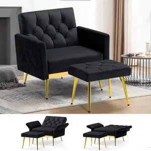 ACMEASE Velvet Accent Chair w/Adjustable Armrests and Backrests, Tufted Single Sofa with Ottoman, Upholstered Reading Chiar for Living Room, Apartment, Bedroom