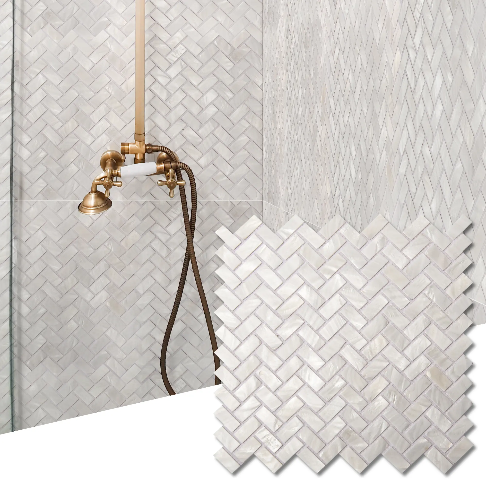 Art3d White Mother of Pearl Shell Tile, 12x12 Herringbone Pattern Cuttable 3D Wall Panels, 10 Sheets (10 Sq Ft), Waterproof Backsplash & Shower Wall Tile with Natural MOP
