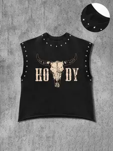 Men's Casual Vest, Vintage Bull Head Print, Western Tough Guy Style, Comfortable and Stylish, Regular Fit, Perfect for Various Casual Scenes, Fitted