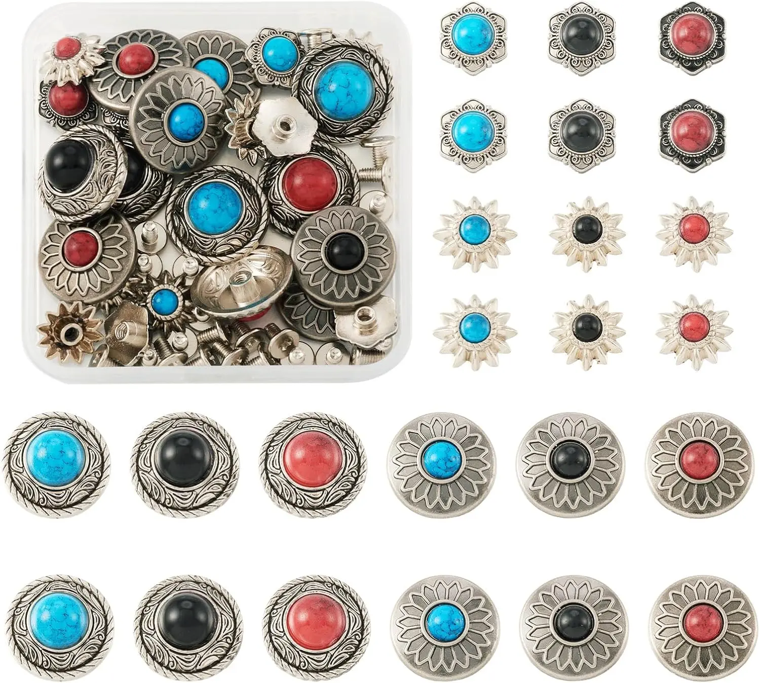 Retro Leathercraft Decorative Rivets & Studs Set (24 Pcs) - 13-20mm Turquoise Conchos, Metal Rapid Rivet Round Castings, Screw Back Buttons, Edgy & Grunge Leathercraft DIY Decoration Accessories, Edgy Leathercraft Accessories
