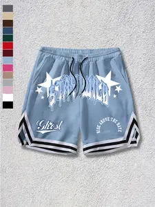 Men's Gothic Design Basketball Shorts, Workout Bottoms, Vintage Font, Striped Hem, Drawstring Waist, Lightweight Polyester Fabric, Street Style
