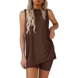 PRETTYGARDEN Sleeveless Crewneck Women's 2 Piece Sets Summer Matching Lounge Shorts Set Resort Airport Travel Outfit Split Hem Casual Clothes Basic Fitted Homewear
