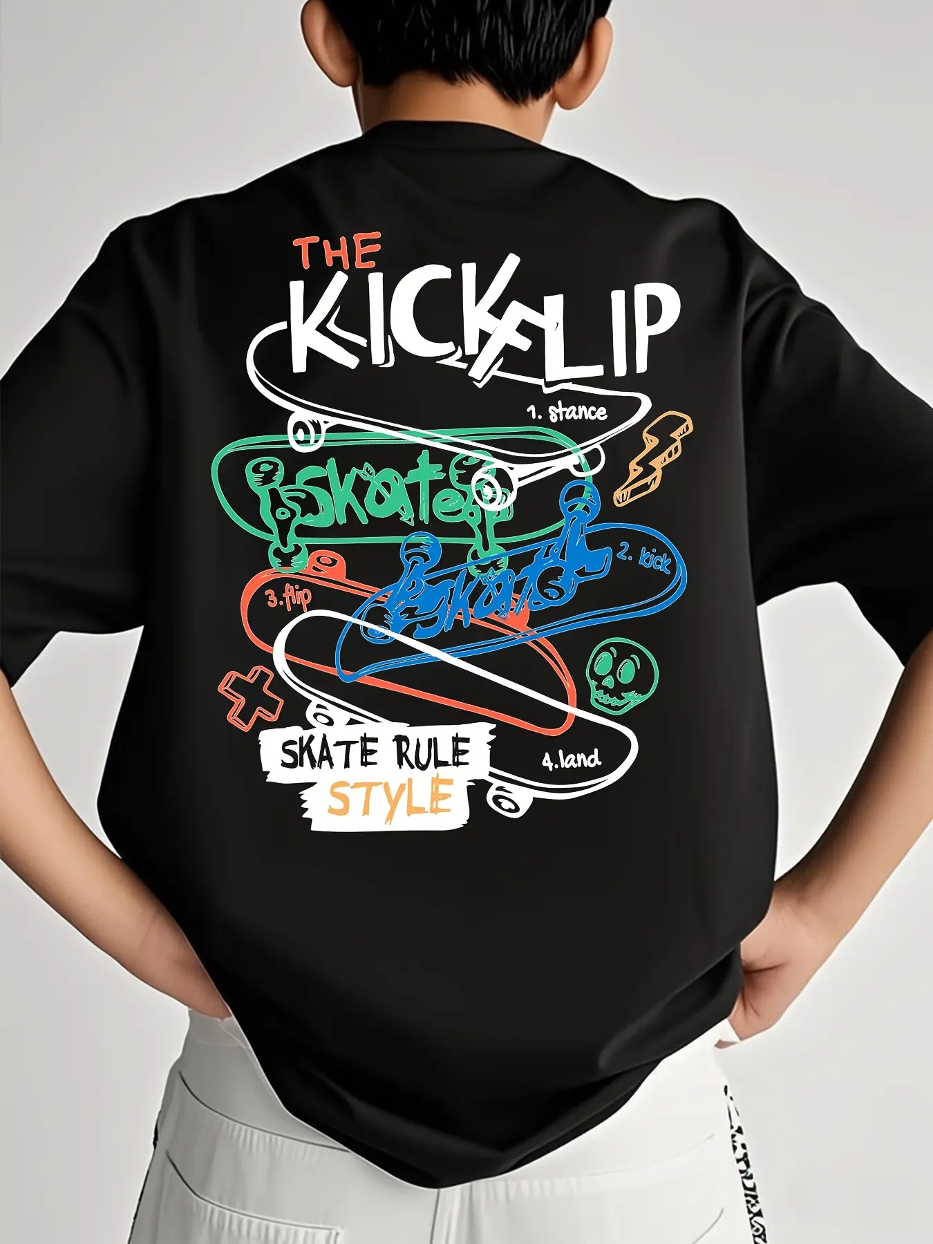 PUEMCO The Kickflip Skate Rule Style Boys T-Shirt Back Print Graffiti Skateboard Skull Lightning Cross Graphic Short Sleeve Cotton Black Street Skater Kids Tee