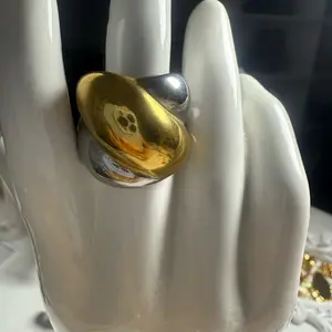 Gold and Silver Color Oval Ring 18k stainless steel with Unique Design and Textured Surface
