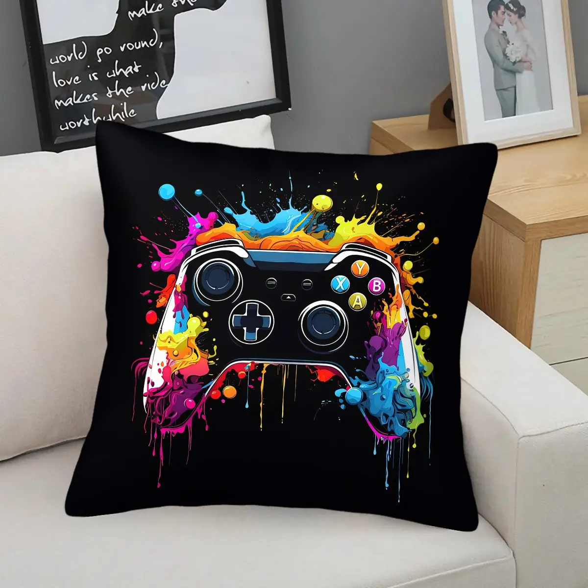 Gamer Paint Splatter Print Throw Pillow,Street Graffiti Gaming Accent Pillow,Soft Comfortable Decorative Cushion with Classic Game Controller Design,Ideal for Gaming Room Sofa Bedroom Dorm Chair,Trendy Gamer Home Decor