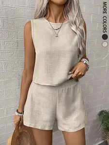 2pcs/Set Women's Casual Basic Solid Color Top And Shorts Set, Perfect For Vacation/Leisure Time，Comfortable and Stylish for Everyday Wear, Perfect for Relaxing and Leisure Activities