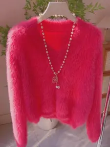 Women's Plain V-Neck Fleece Sweater, Plush Mohair Knit Pullover, Cute Long Sleeve Eyelash Yarn Top, Y2K Winter Knit Set